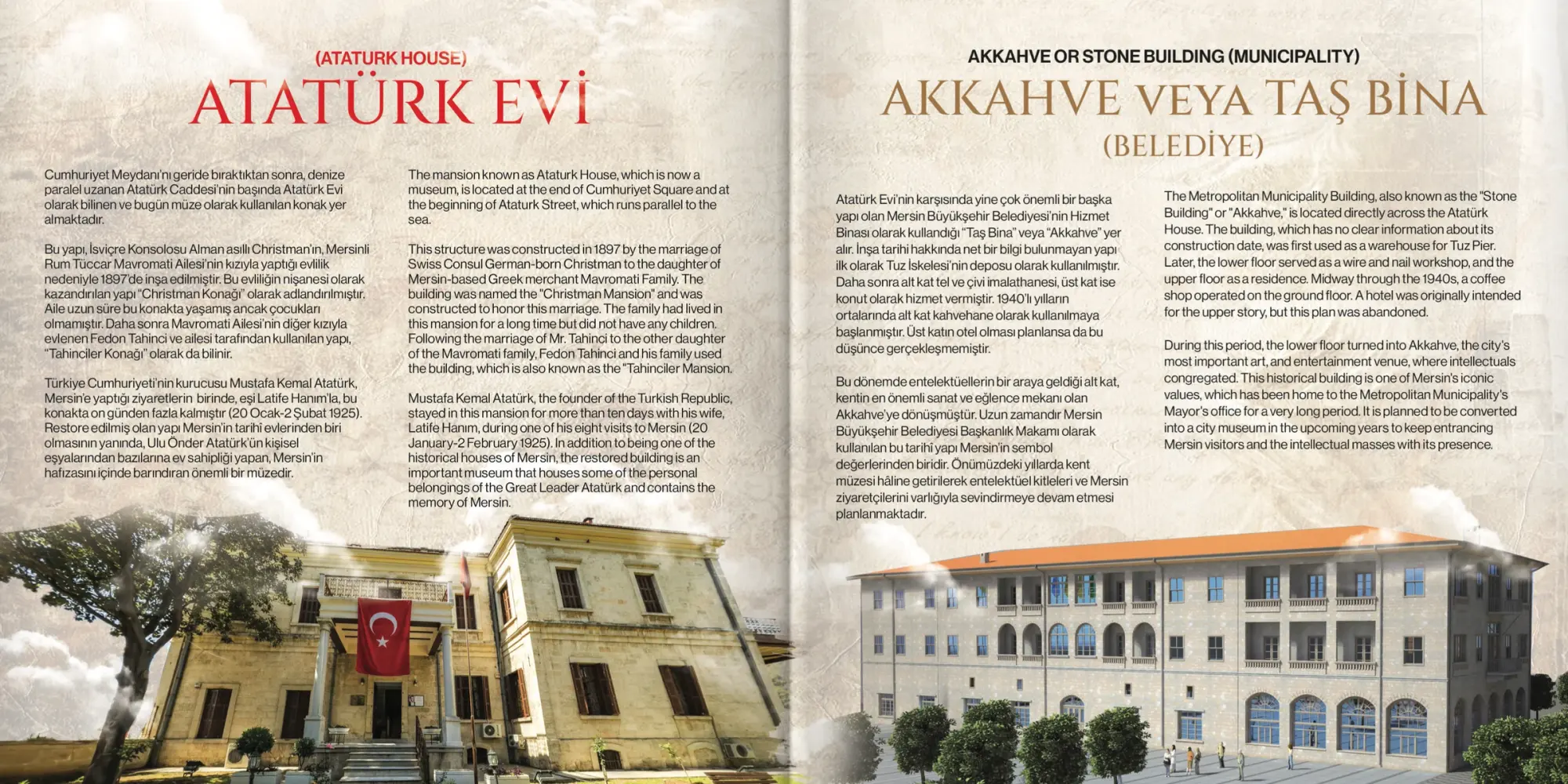 Kırmızı serif "ATATÜRK EVİ" ve "AKKAHVE VEYA TAŞ BİNA" başlıkları, alt kenarda yapıların dekupe fotoğrafları.