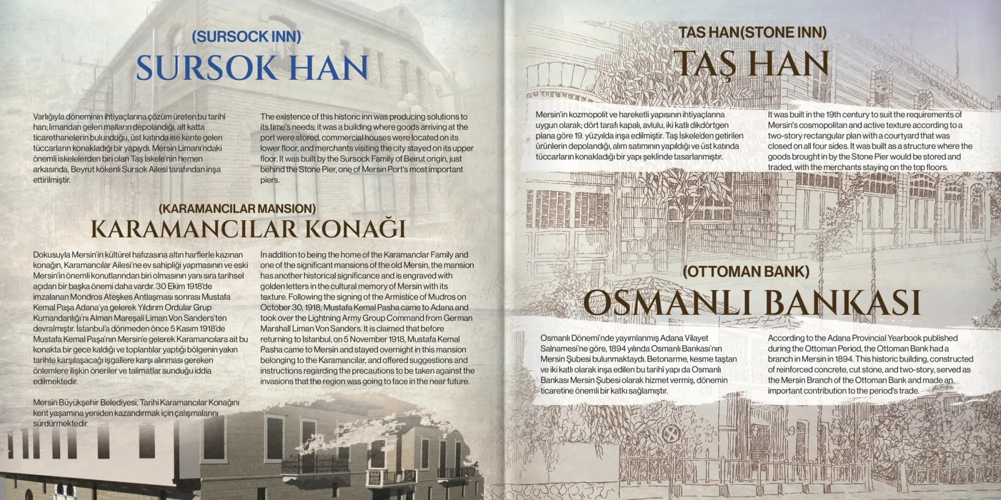 Hanlar ve banka binası için başlıklar, gravür dokusuyla birleşen tarihi fotoğraflar.