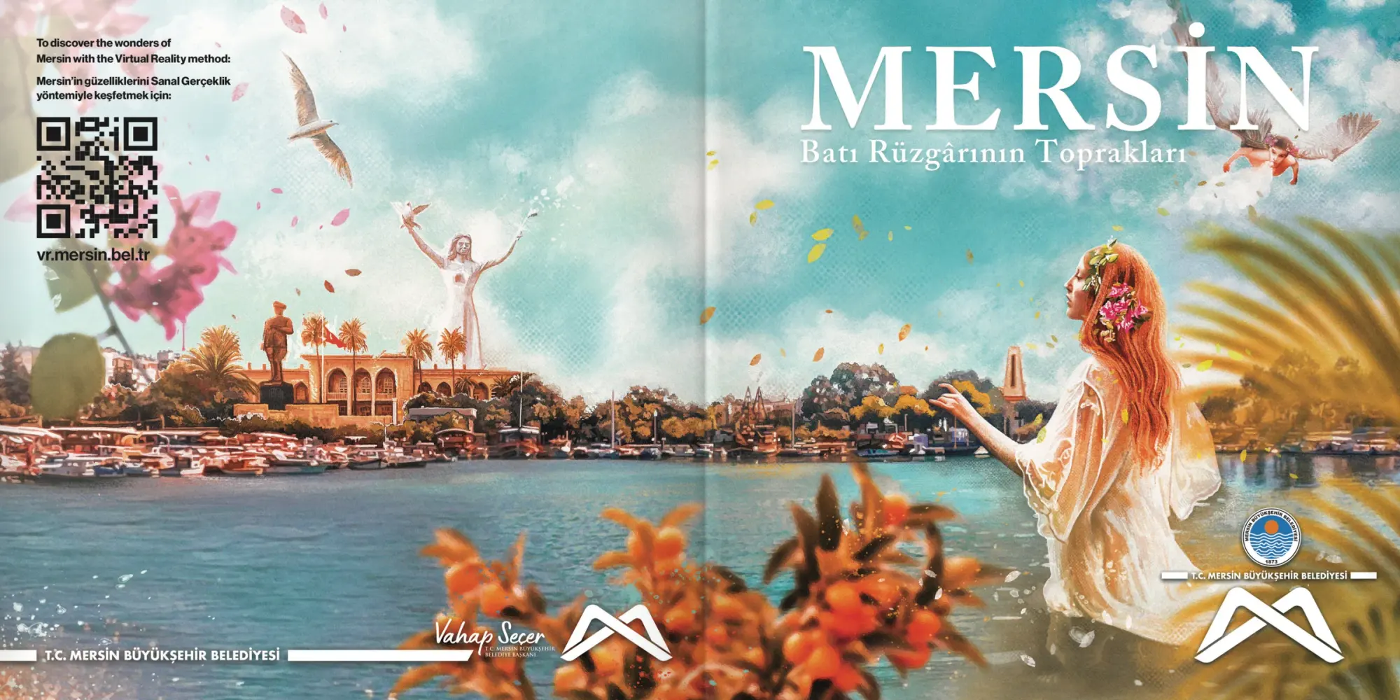 Açılmış kapak: arka kapakta liman ve anıtlar, ön kapakta suya uzanan kızıl saçlı kadın figürü ve "MERSİN — Batı Rüzgârının Toprakları" başlığı.