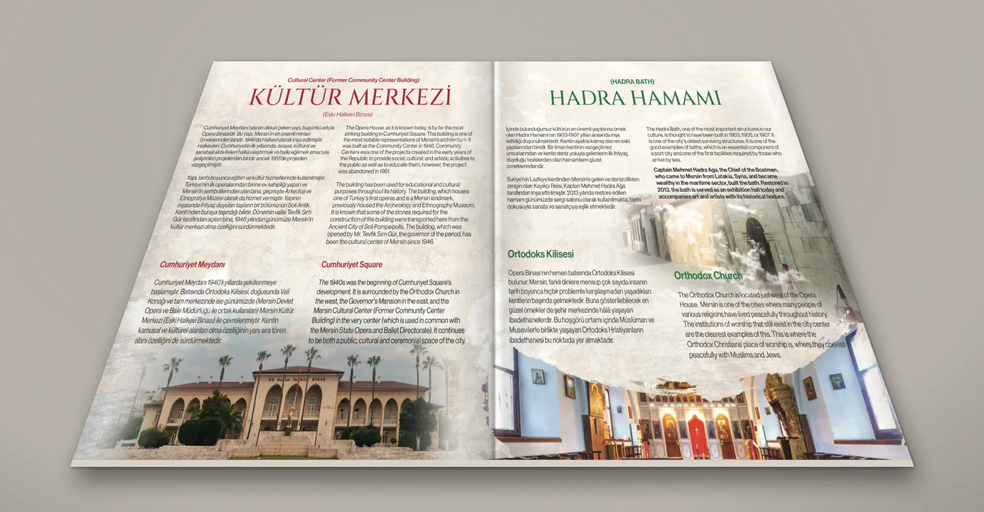 Masada açık duran kitapçık: eski kâğıt dokulu zeminde lacivert serif başlıklar, iki dilli metin sütunları ve tarihi yapıların dekupe fotoğrafları.