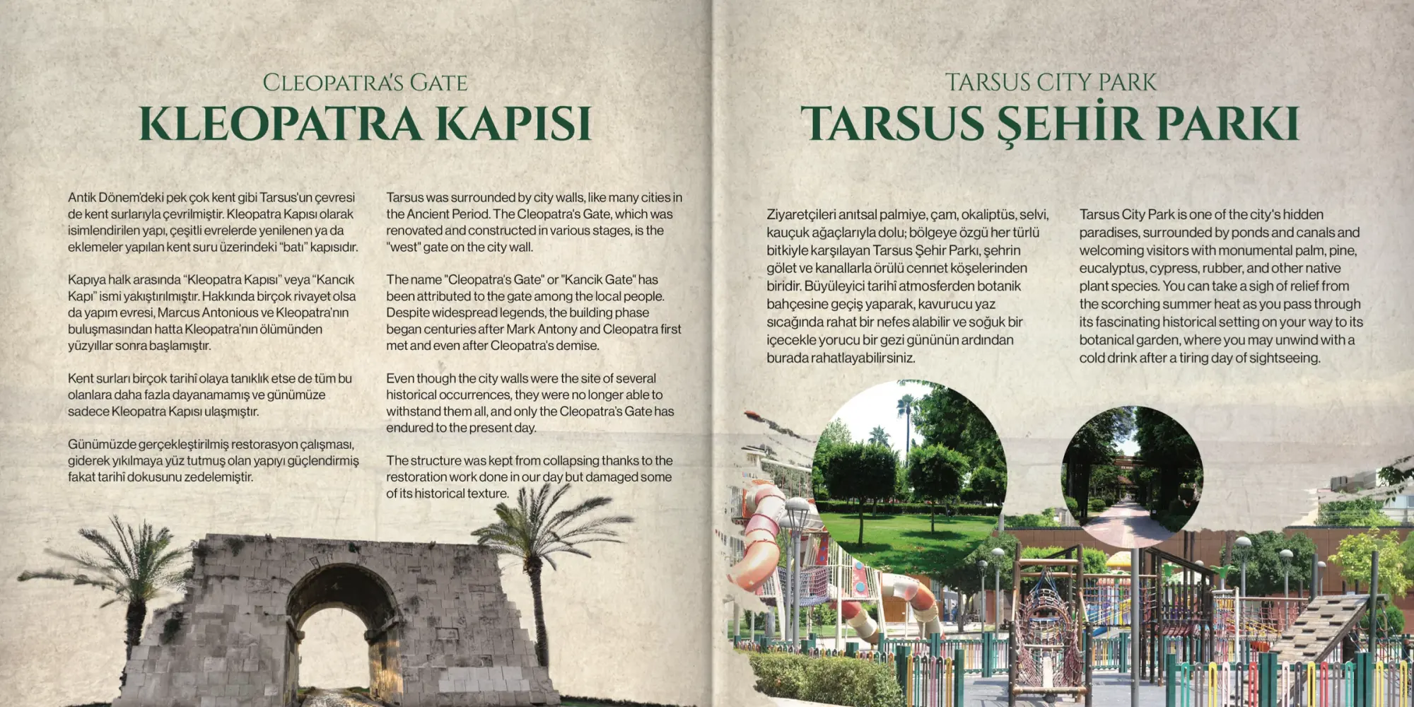 Yeşil serif başlıklar, kapının ve parkın fotoğrafları, yuvarlak kırpılmış detay görseller.