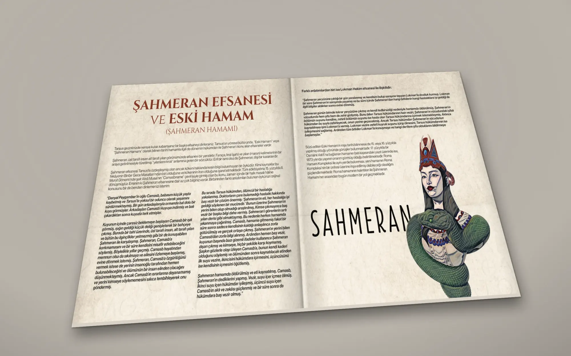Masada açık duran kitapçık: kırmızı serif başlık, efsanenin anlatıldığı sütunlar ve sağ sayfada büyük Şahmeran illüstrasyonu.