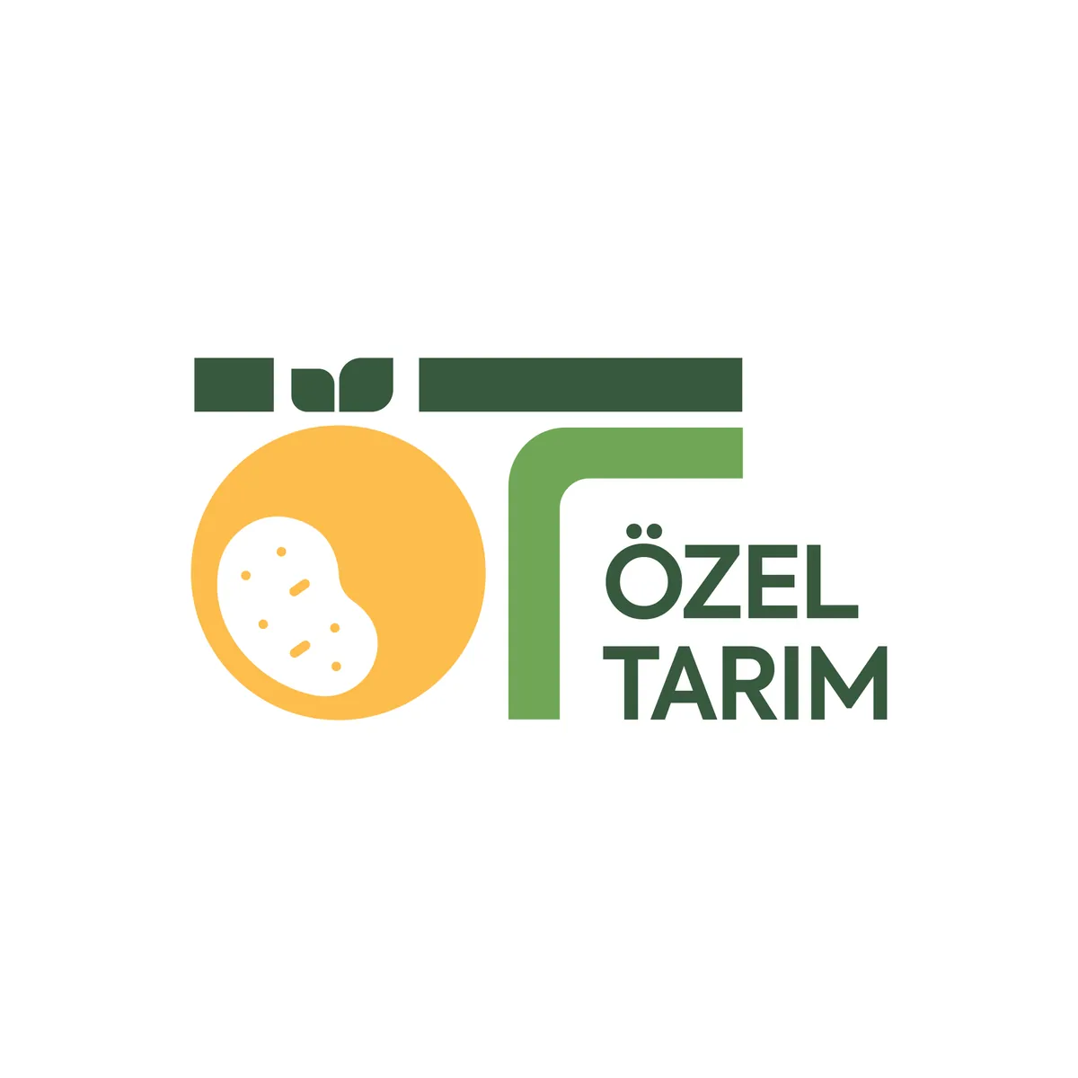 Özel Tarım logosu beyaz zeminde: sarı daire içinde beyaz patates tohumu, yeşil Ö–T monogramı ve ÖZEL TARIM yazısı.