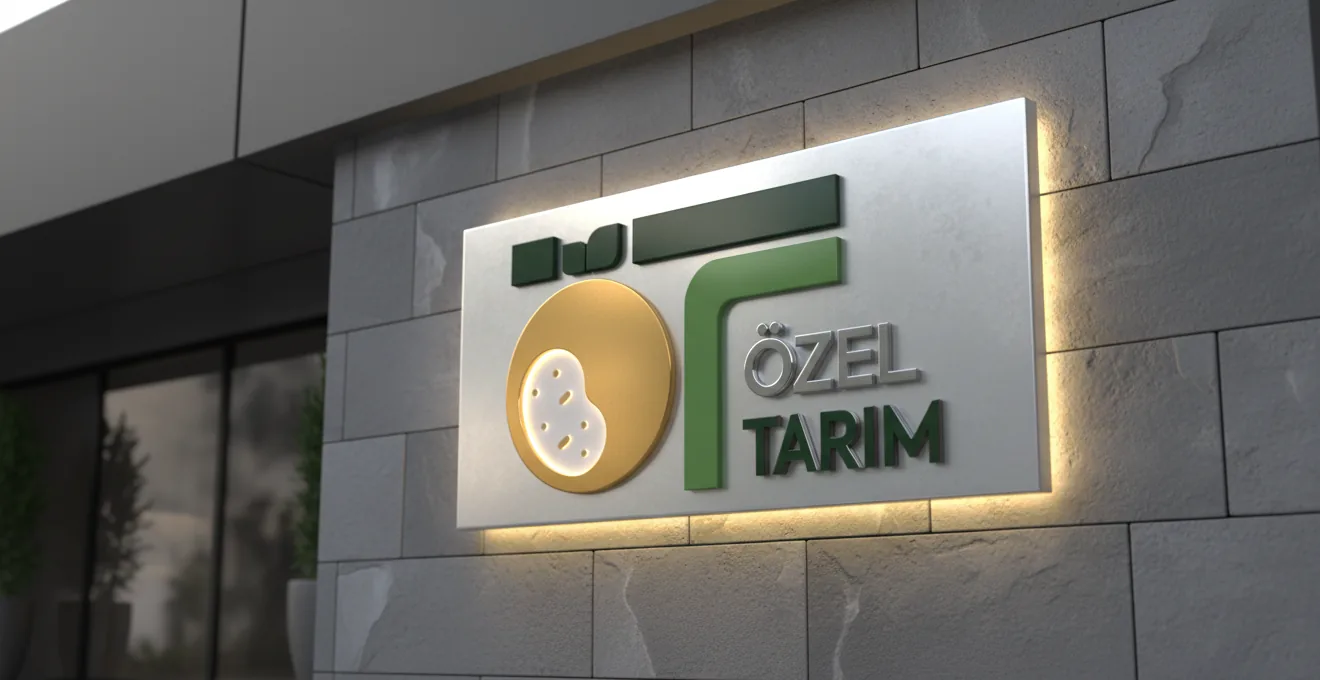 Taş kaplı cephede arkadan aydınlatmalı Özel Tarım tabelası.
