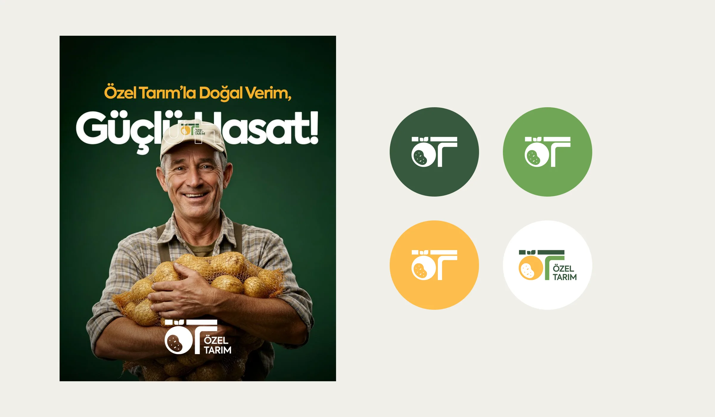 "Özel Tarım'la Doğal Verim, Güçlü Hasat!" sosyal medya gönderisi ve dört yuvarlak profil fotoğrafı varyasyonu.