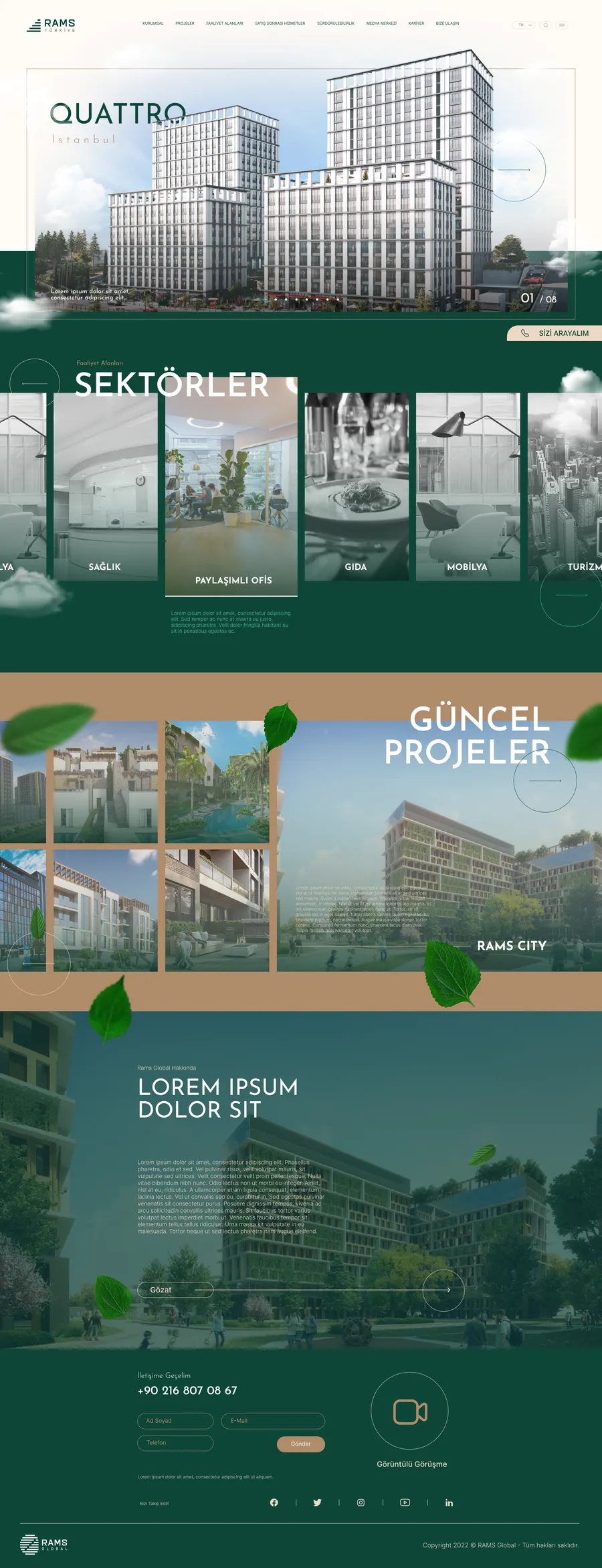Anasayfanın tamamı: Quattro İstanbul slider’ı, Sektörler kartları, ten zeminli Güncel Projeler, Rams Global hakkında bölümü ve iletişim alanı.