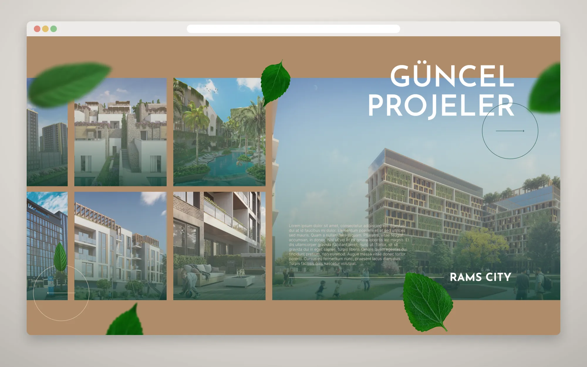 Ten zeminde proje görsellerinden oluşan mozaik, büyük "GÜNCEL PROJELER" başlığı ve uçuşan yaprak motifleri.