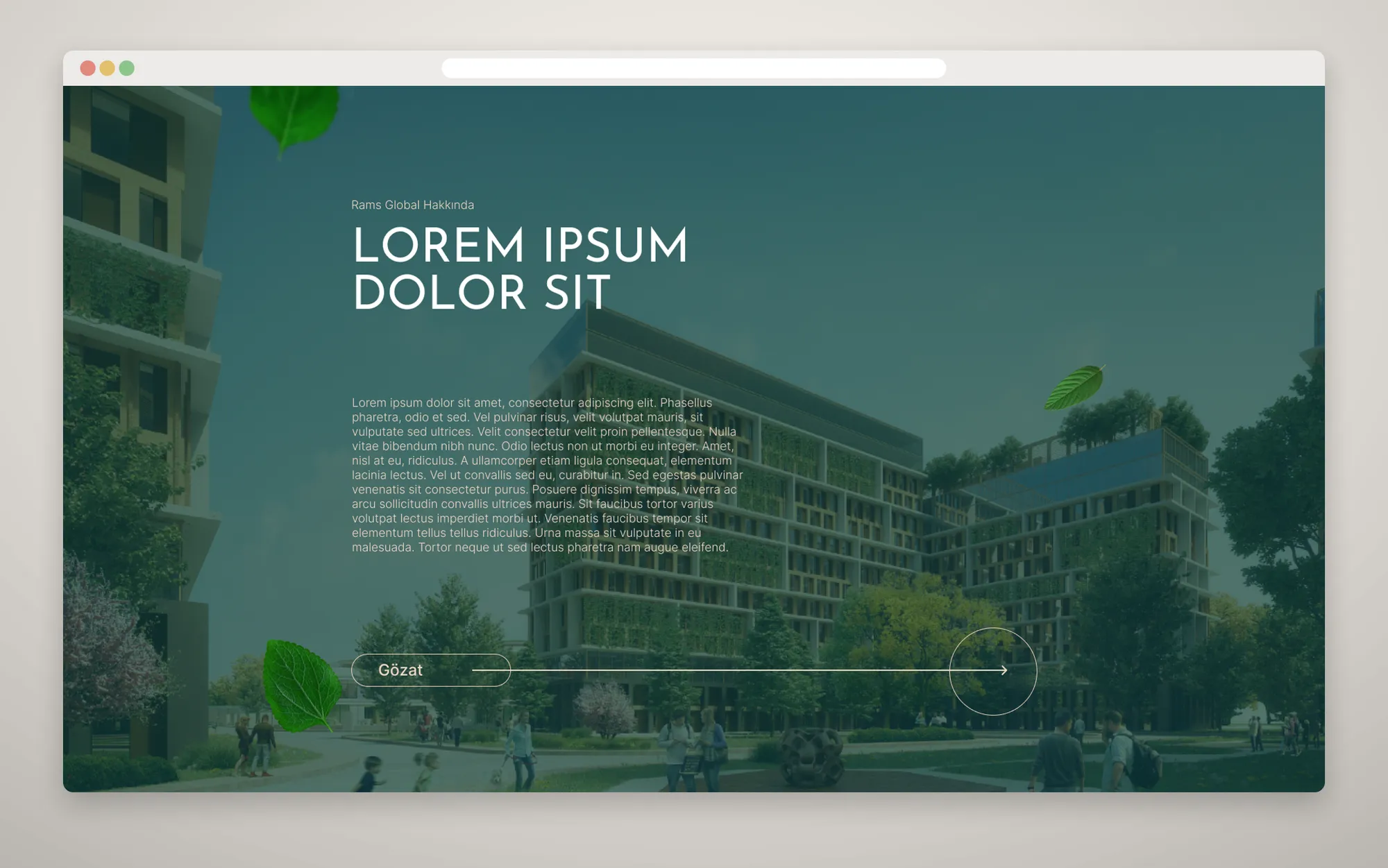 Yeşil tonlanmış Rams City görseli üzerinde "Rams Global Hakkında" bölümü ve uzun oklu "Gözat" butonu.