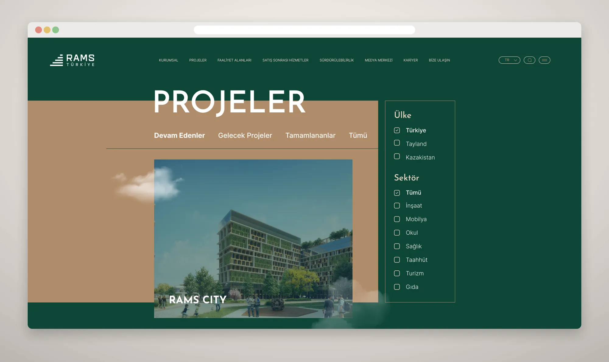 "PROJELER" başlığı; Devam Edenler, Gelecek Projeler, Tamamlananlar, Tümü sekmeleri; sağda Ülke (Türkiye, Tayland, Kazakistan) ve Sektör filtre paneli.