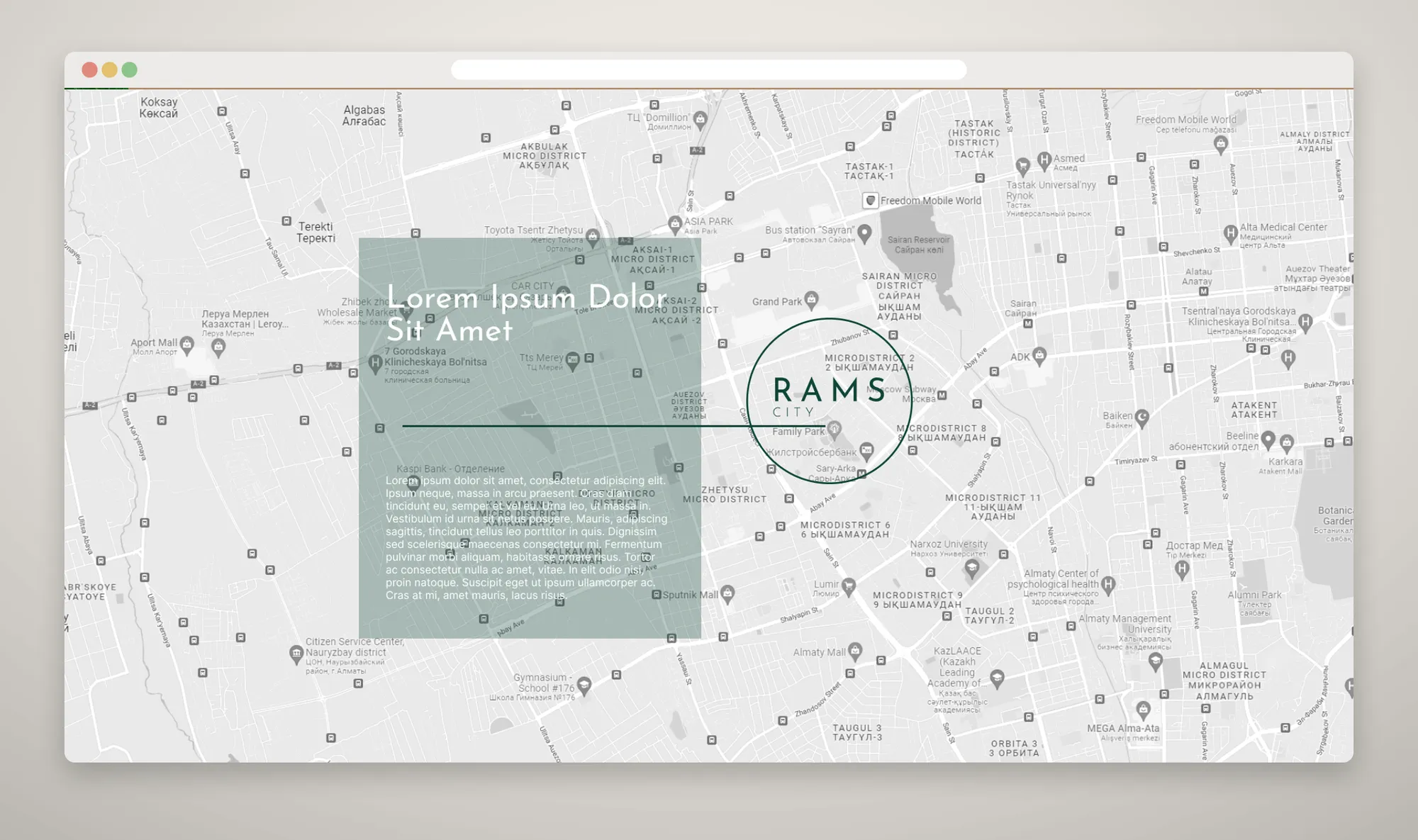 Gri tonlu şehir haritası üzerinde yarı saydam bilgi kutusu ve "RAMS CITY" yuvarlak konum işareti.