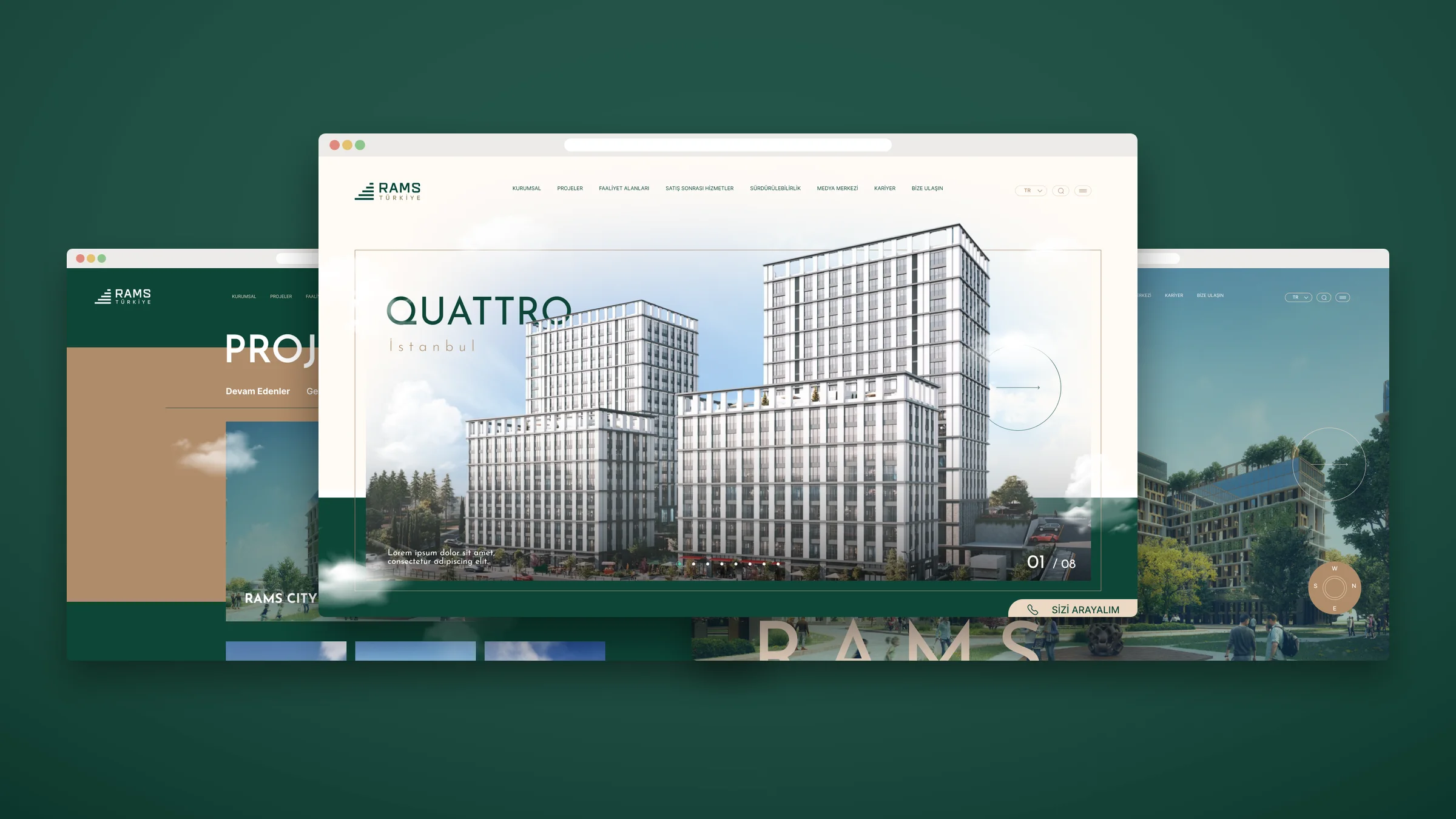 Koyu yeşil zeminde üç tarayıcı penceresi: ortada Quattro İstanbul slider’lı anasayfa, solda Projeler, sağda Rams City proje detay sayfası.