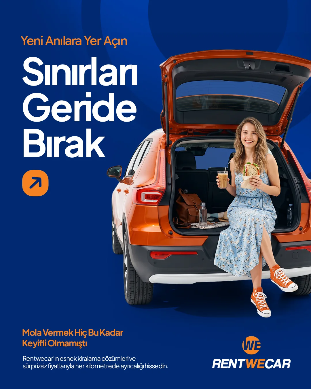 Mavi zeminde bagajı açık turuncu SUV'da oturan genç kadın; "Sınırları Geride Bırak" başlığı.
