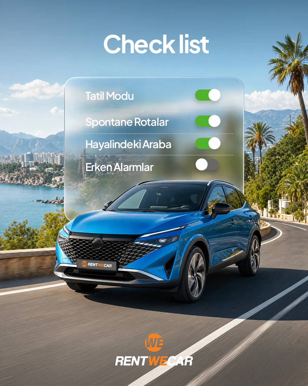 Sahil yolunda mavi araç; üstte açık konumda anahtarlarla "Check list" tatil listesi.