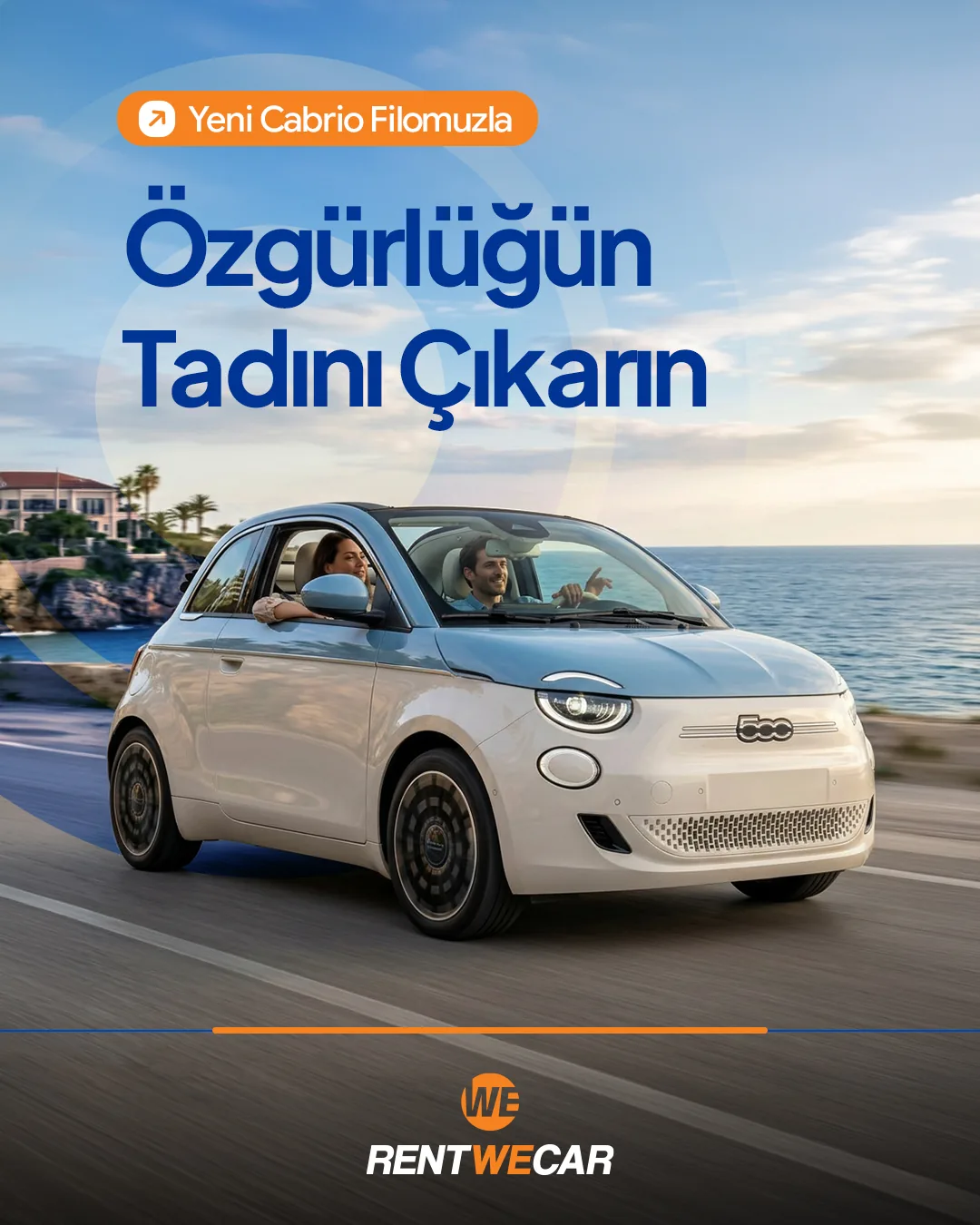 Sahil yolunda beyaz kabrio; "Yeni Cabrio Filomuzla Özgürlüğün Tadını Çıkarın" başlığı.