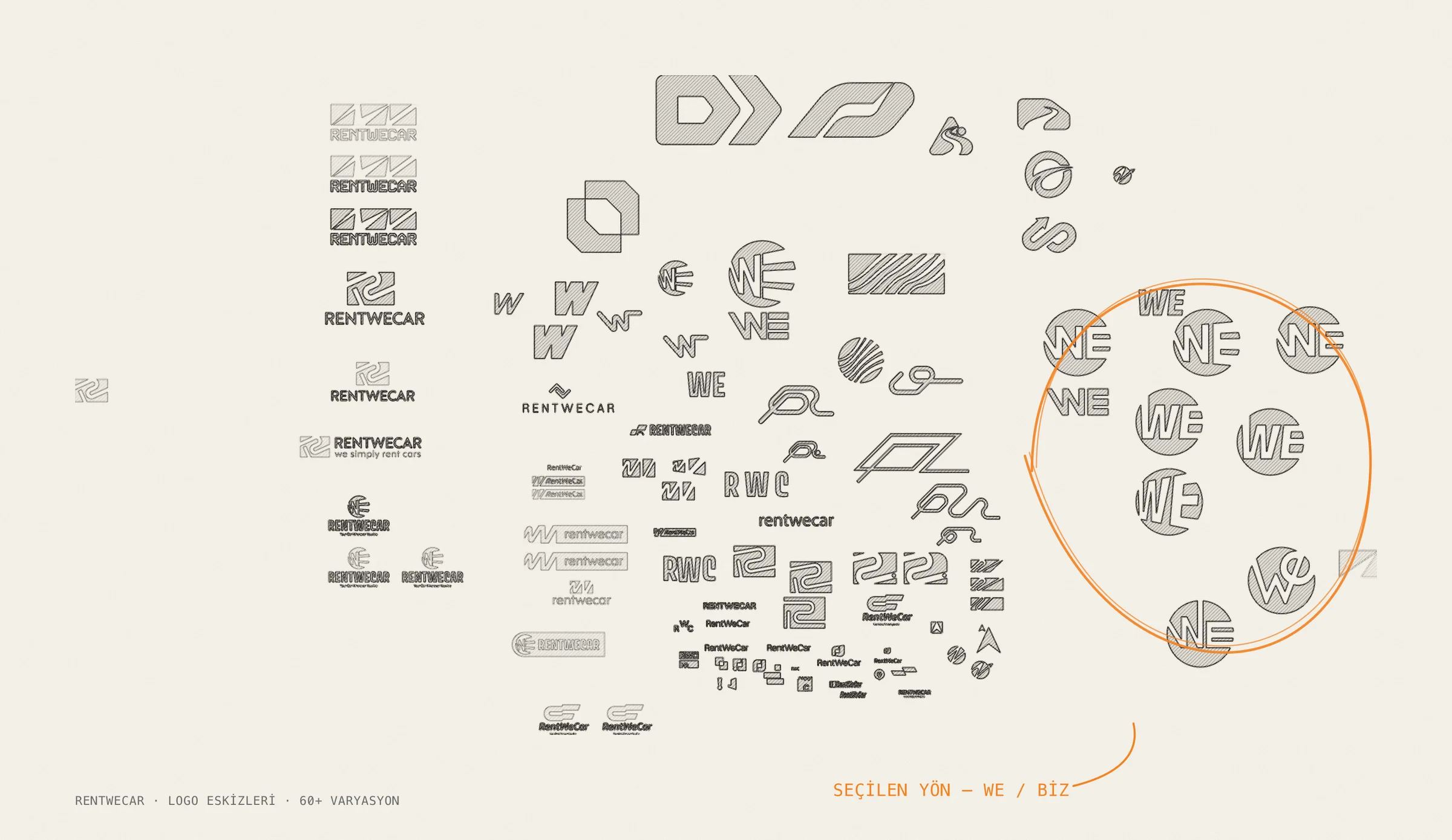 More than sixty logo sketches in a pencil texture on paper; on the right, the WE emblems in circles are picked out with an orange loop.
