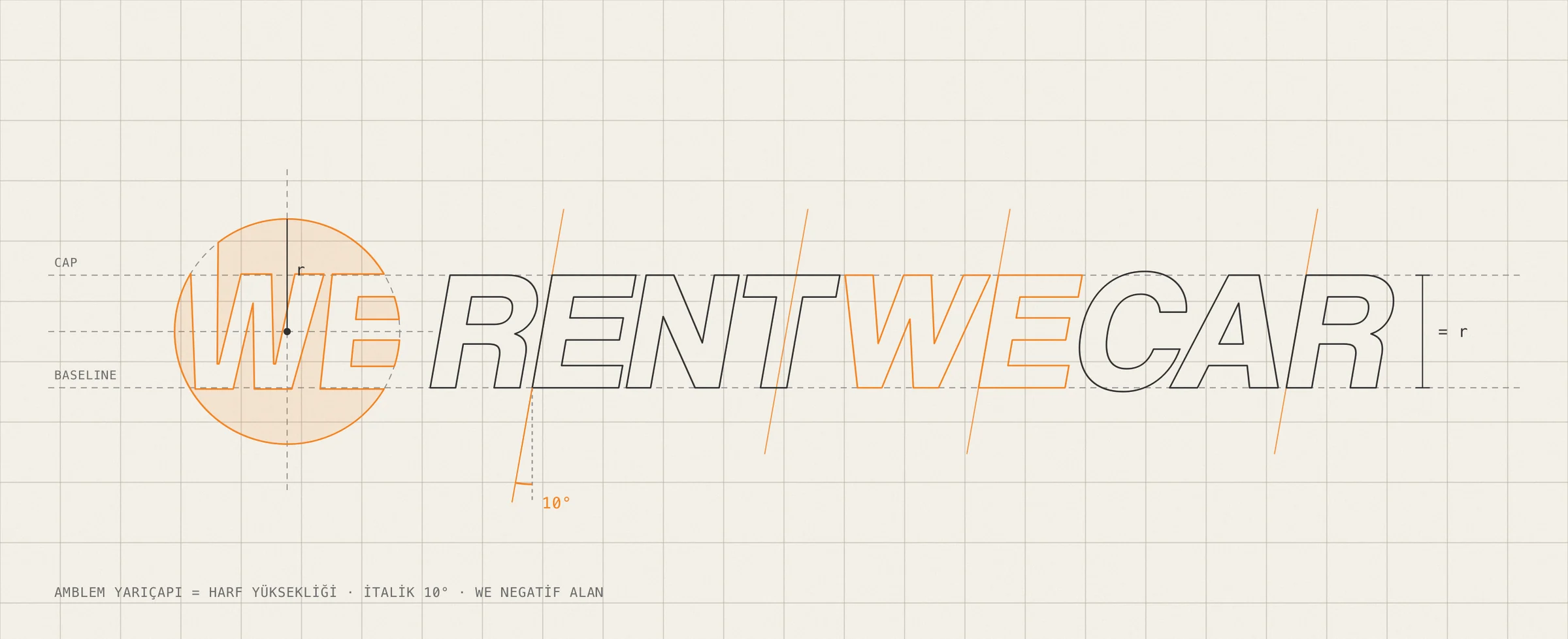 Outline drawing of the final logo on grid paper: emblem circle, radius, cap height and 10-degree italic guides.