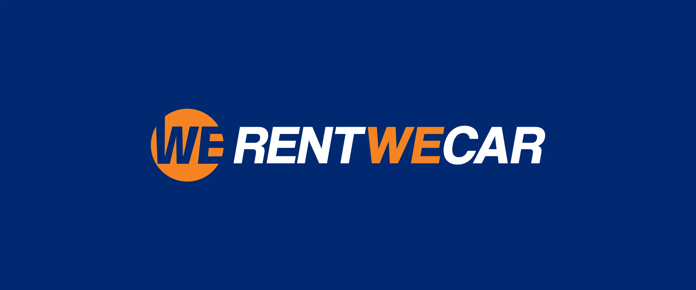 Horizontal RentWeCar logo on navy: a negative WE inside an orange circle, and an orange WE between white RENT and CAR.