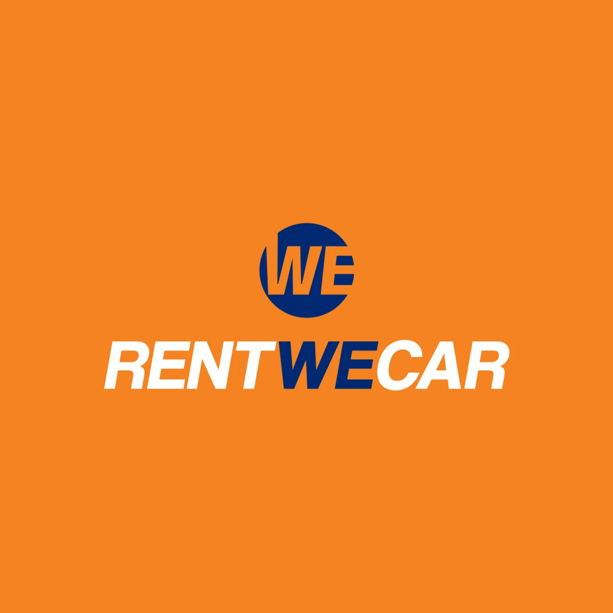 Stacked RentWeCar logo on orange, with a navy emblem and white lettering.