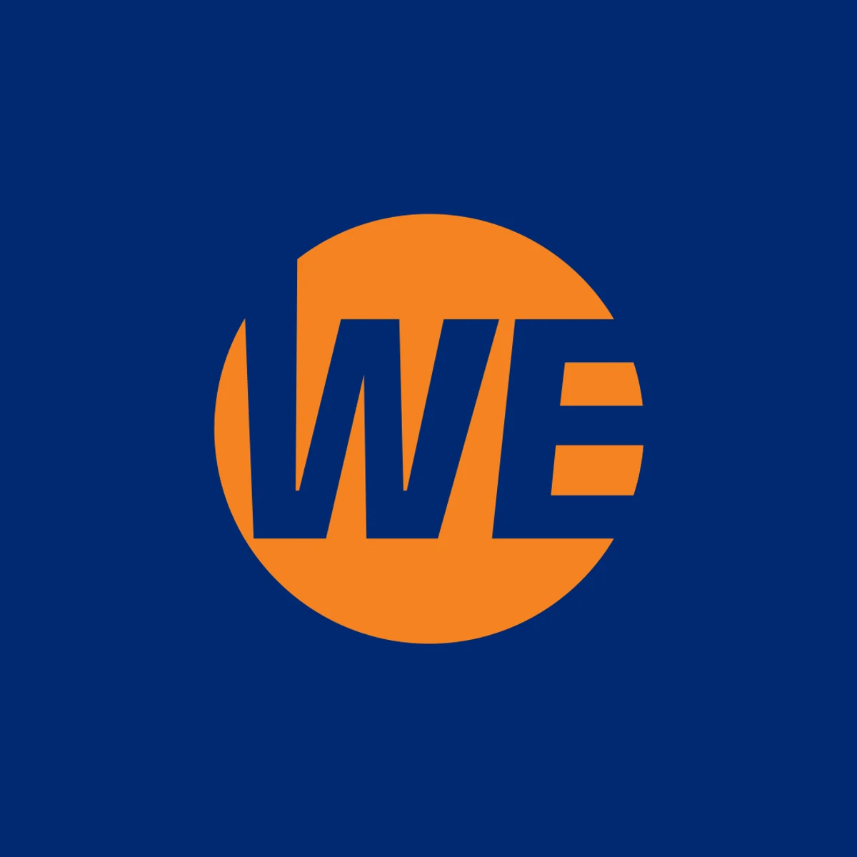 The WE emblem on its own: an orange circle on navy.