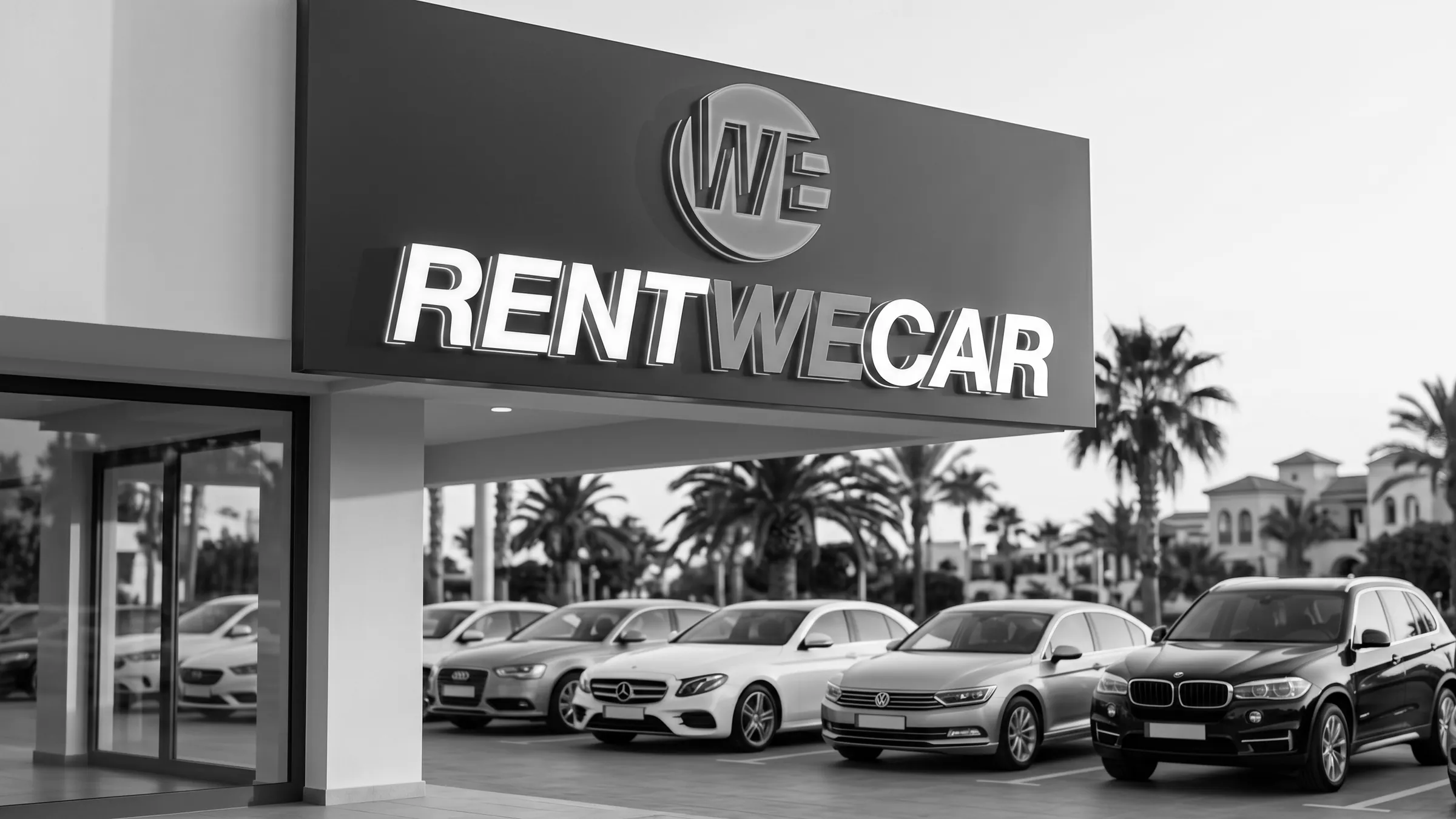 Three-dimensional RentWeCar sign on a car showroom façade, rental cars parked in front; black-and-white photograph.