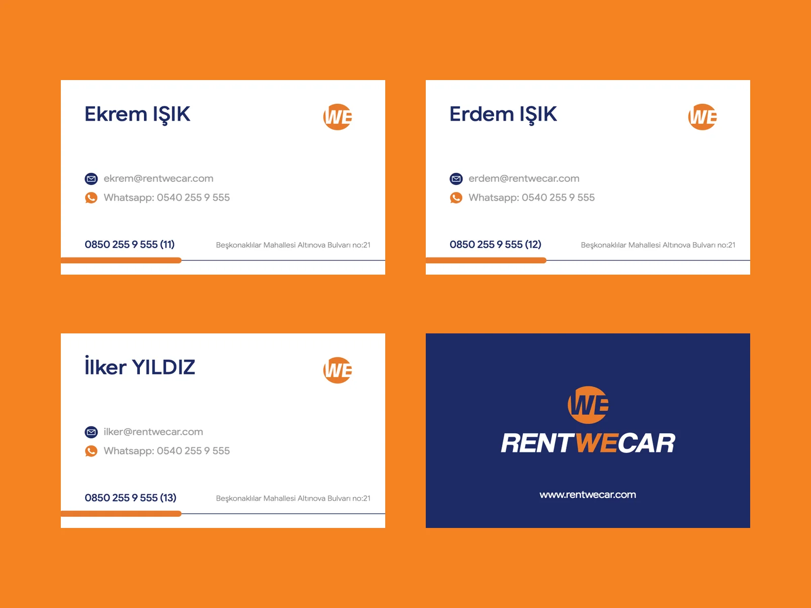White business card fronts for three staff members and the navy back, on orange.