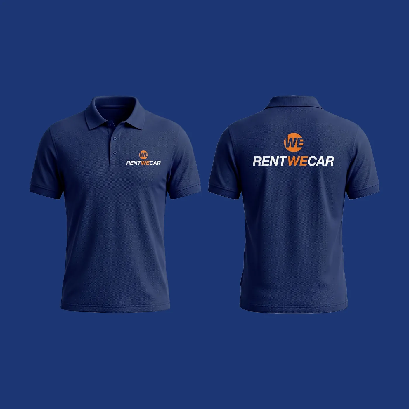 Navy polo shirt with a small RentWeCar logo on the front and a large one on the back.