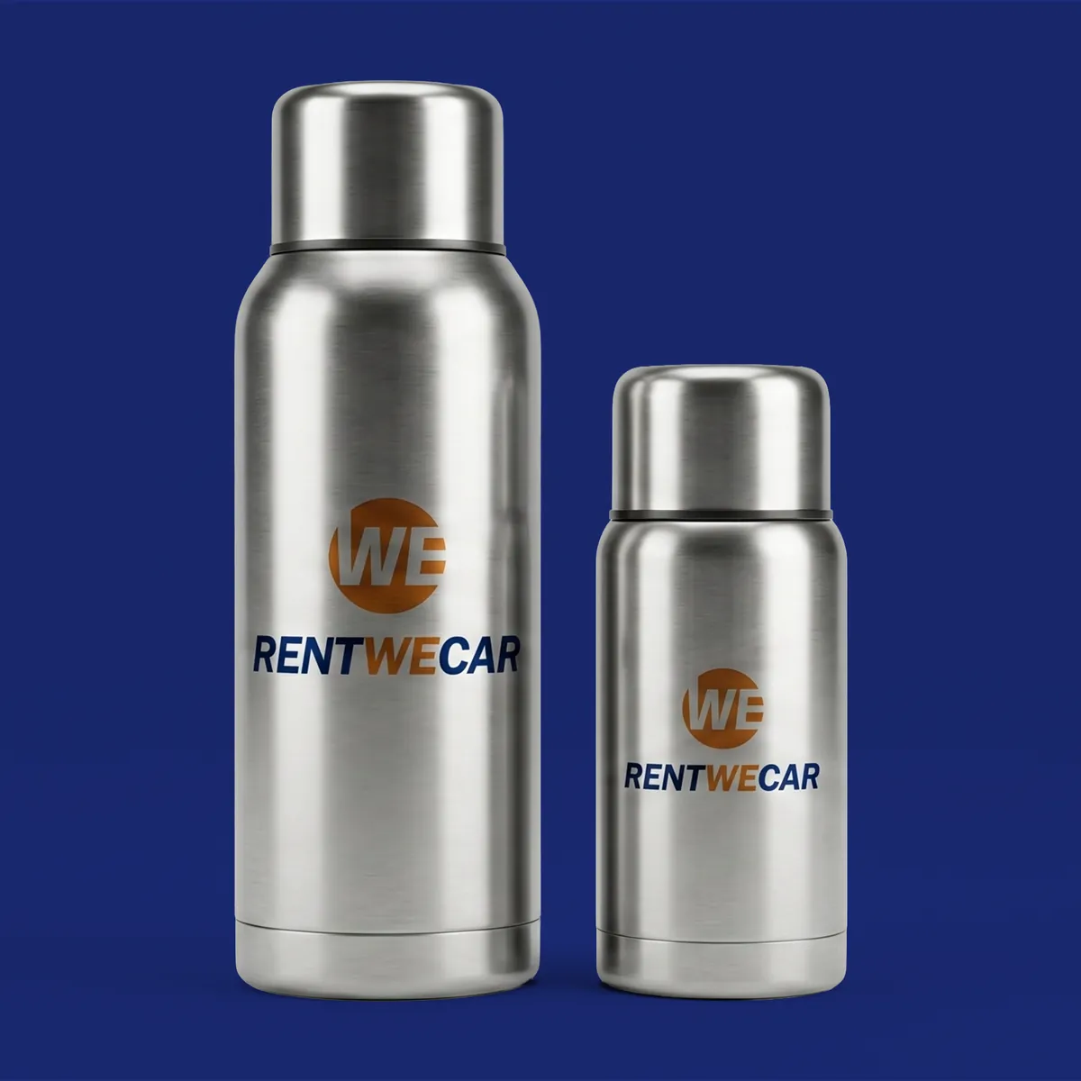 Two steel flasks with the RentWeCar logo, on navy.