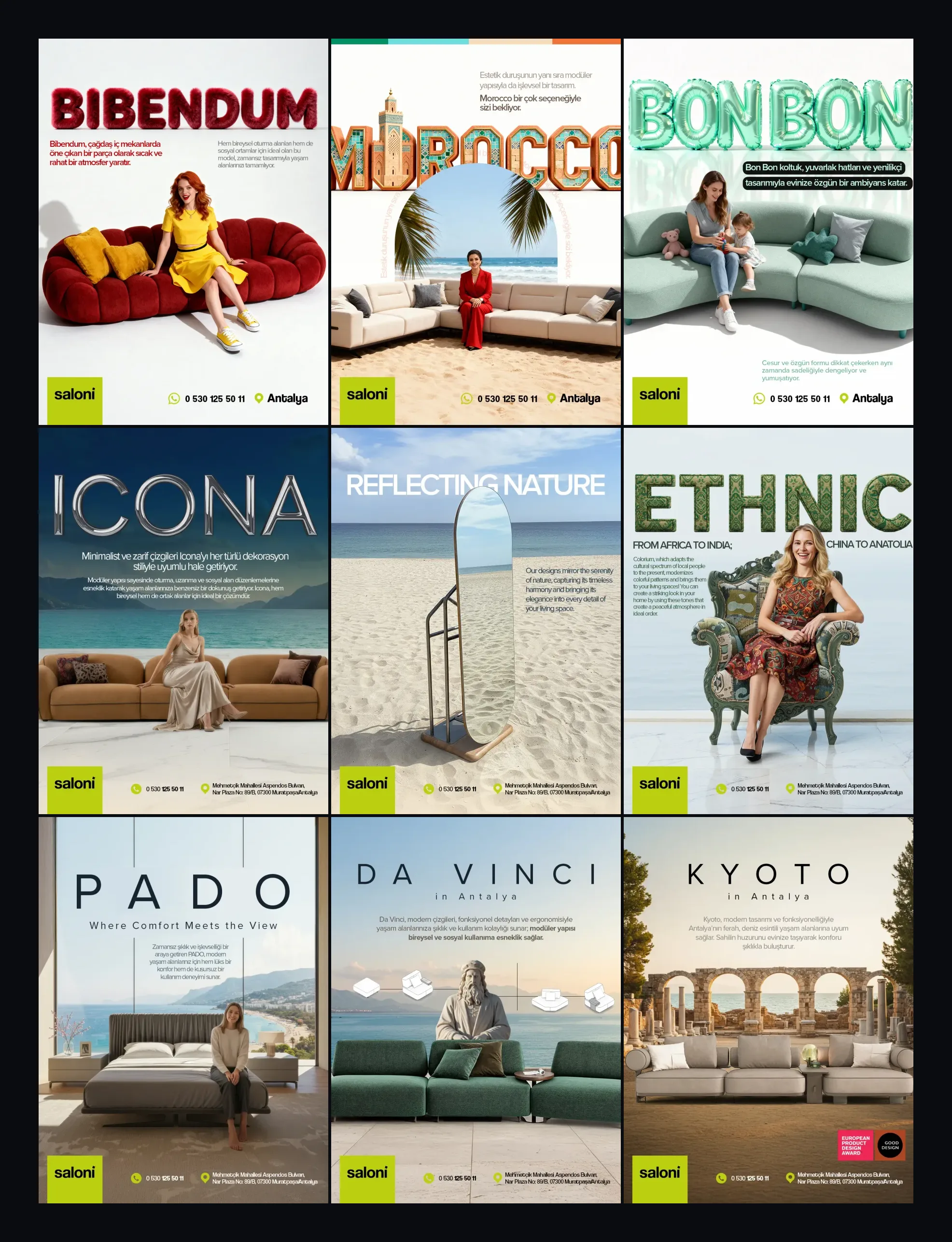 Saloni Instagram profilinin 3 × 3 ızgara görünümü: Bibendum, Morocco, Bon Bon, Icona, Reflecting Nature, Ethnic, Pado, Da Vinci ve Kyoto postları.