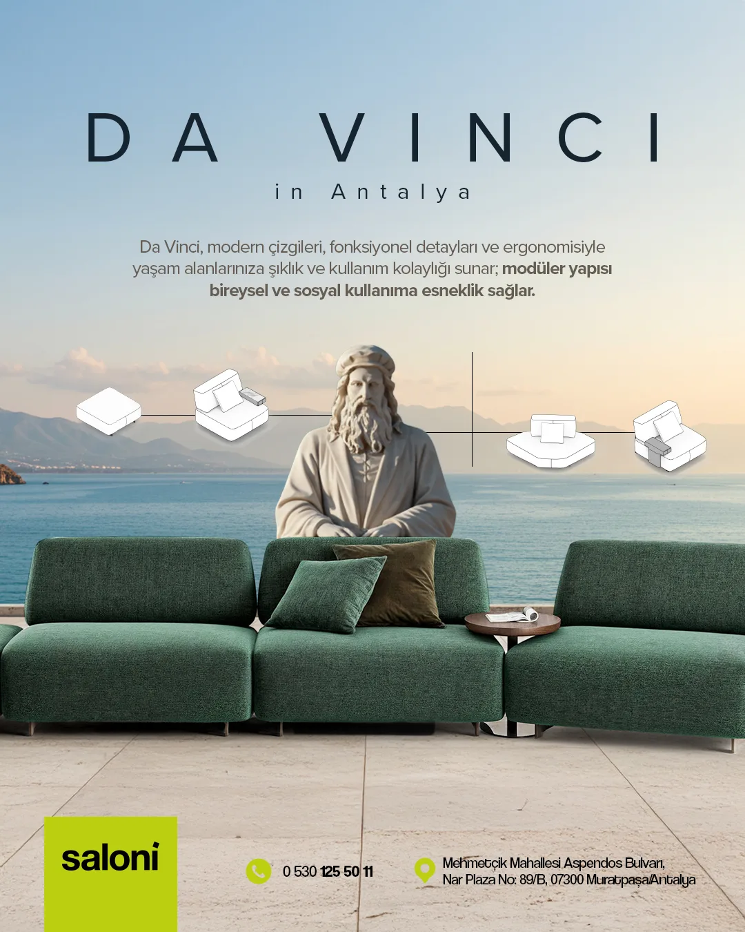 Deniz manzaralı terasta yeşil Da Vinci koltuğun arkasında oturan Leonardo da Vinci heykeli; modüllerin çizgisel diyagramı ve "DA VINCI in Antalya" başlığı.