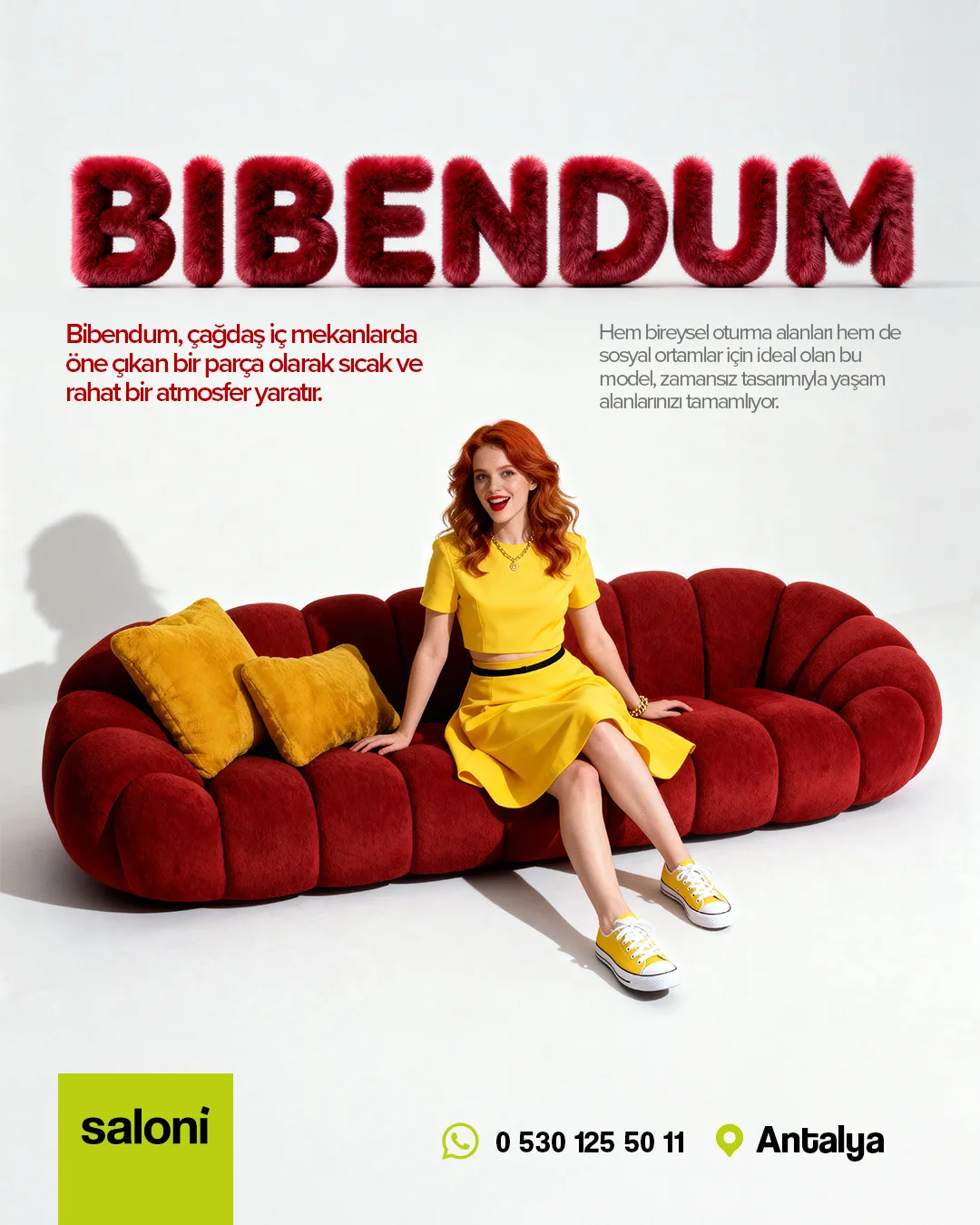 Kırmızı peluş dokulu "BIBENDUM" harfleri; beyaz zeminde kırmızı, boğumlu Bibendum koltukta sarı elbiseli kızıl saçlı kadın.