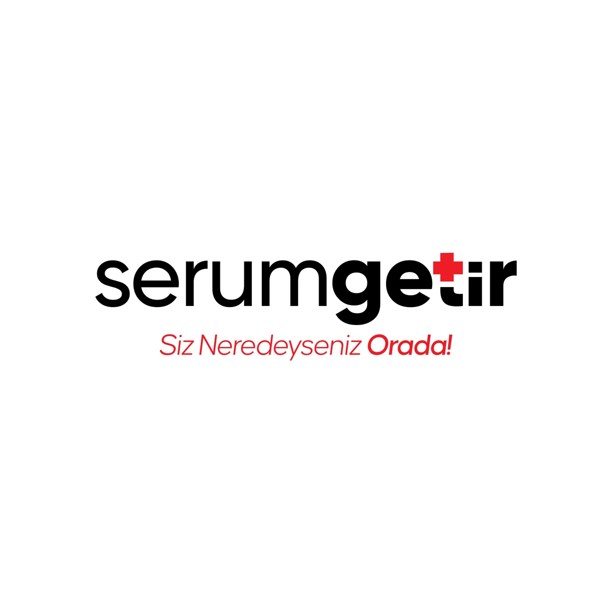 Black serumgetir logo on white with a red cross on top of the t, and the slogan in red below.