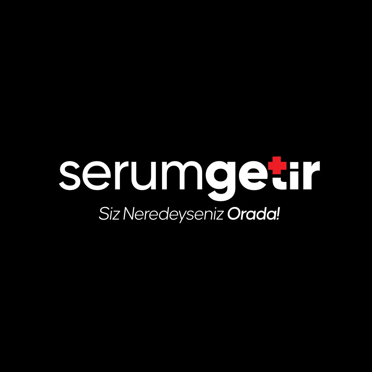 White serumgetir logo on black with a red cross and a white slogan.