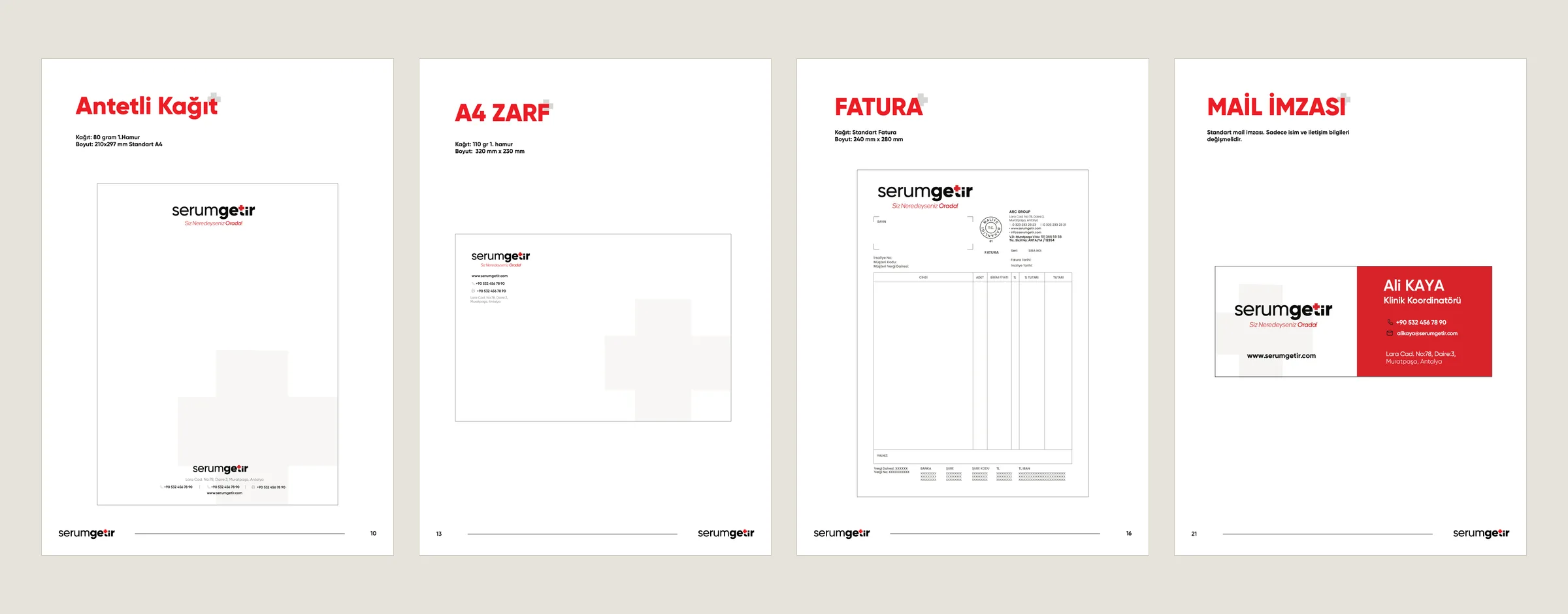 Stationery pages from the brand guide: letterhead, A4 envelope, invoice and email signature, with a pale grey cross motif in the background.