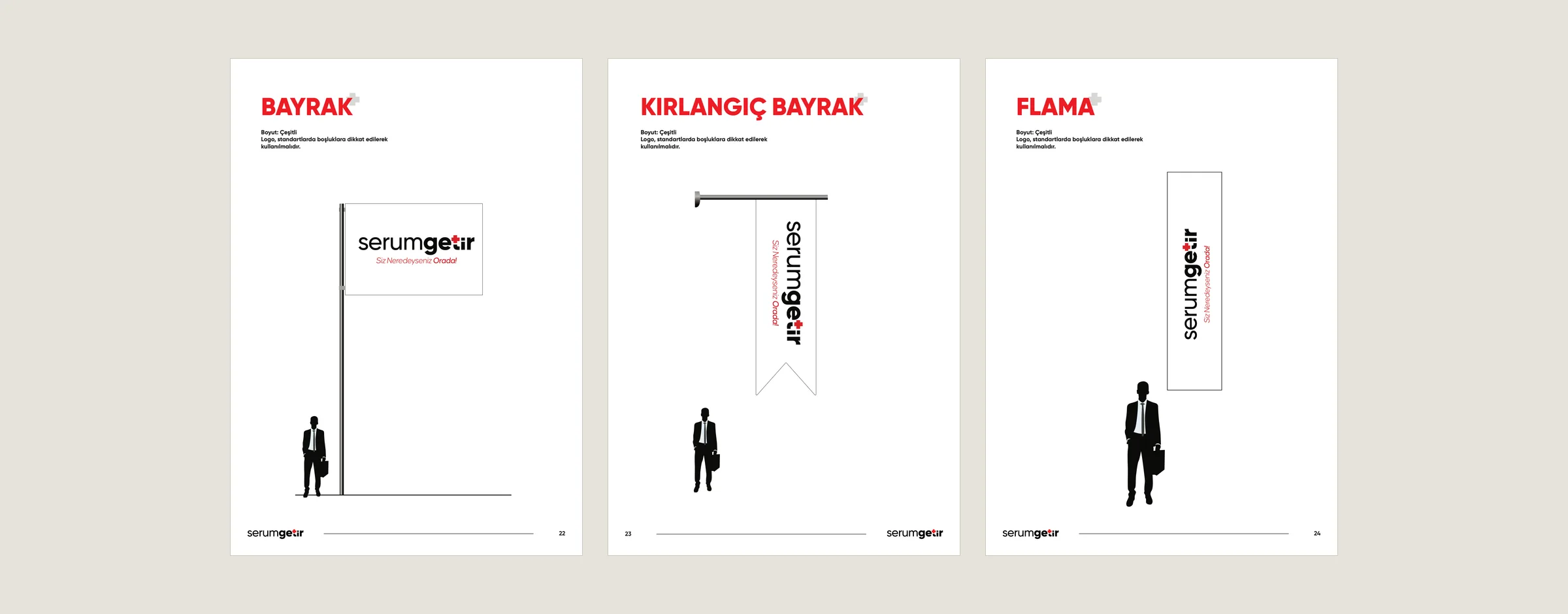 Three pages from the brand guide: flag, swallowtail flag and vertical banner, with a human silhouette for scale.