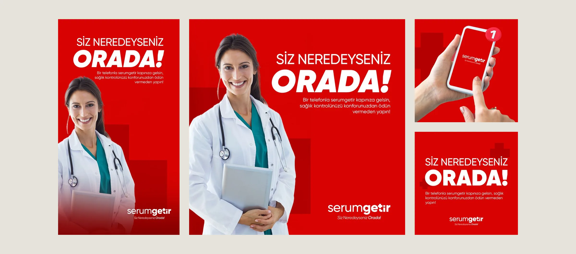 Red social media designs: a story and a post headed Siz Neredeyseniz Orada! with a doctor in a white coat, plus two highlight posts — a hand holding a phone with a notification and a large ORADA! headline.