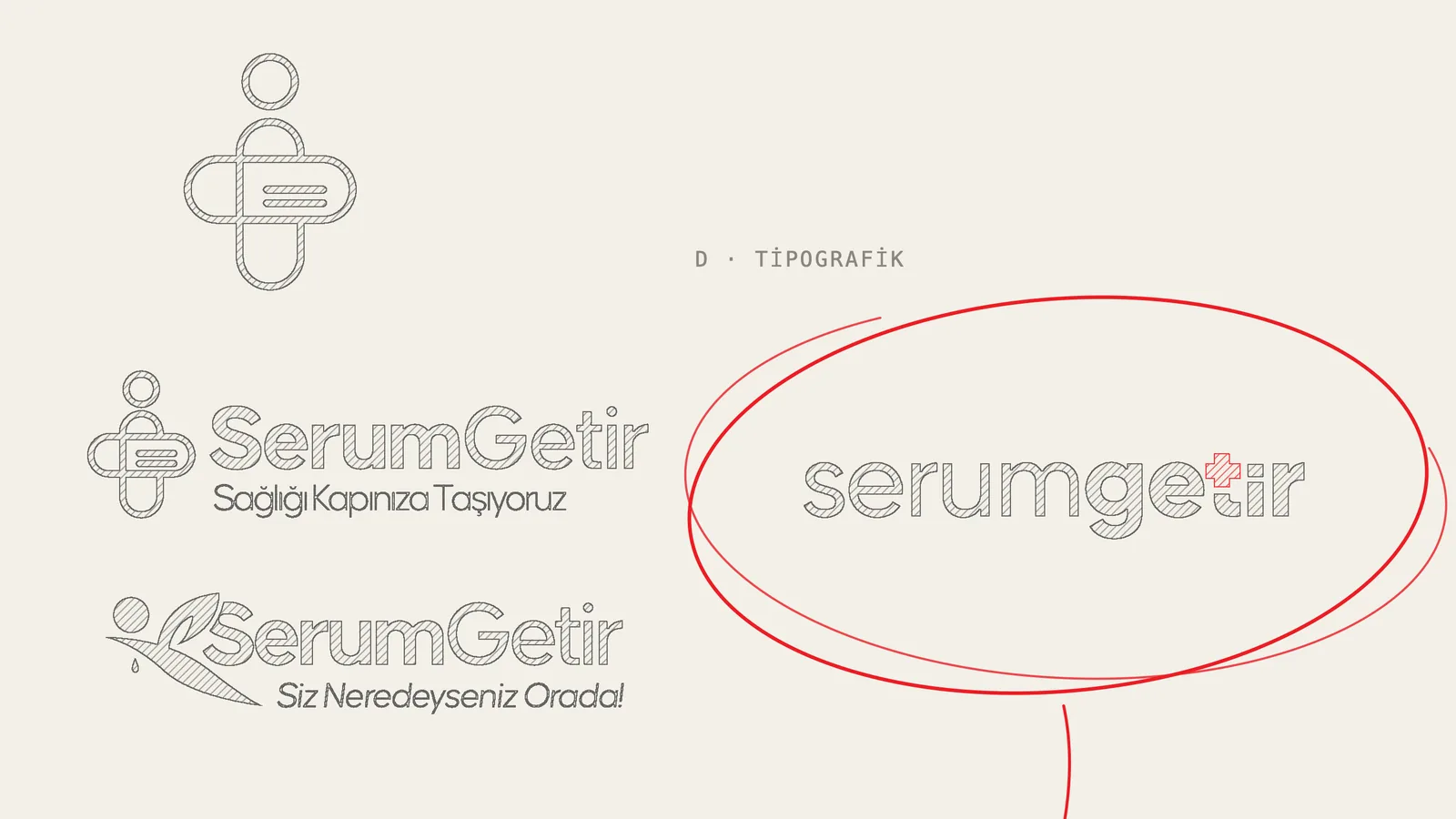 Kurşun kalem dokulu logo eskizlerinden yakın kesit; t harfi kırmızı bir haça dönüşen küçük harfli serumgetir eskizi kırmızı, elle çizilmiş bir halkayla işaretli.