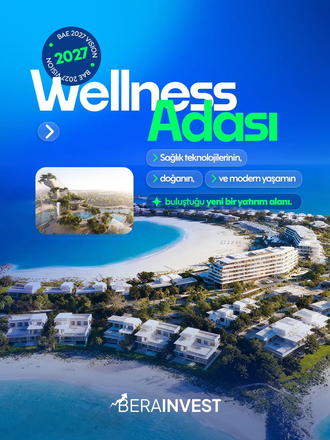 Turkuaz deniz kıyısında beyaz villalardan oluşan ada projesinin havadan görüntüsü; "Wellness Adası" başlığı, "BAE 2027 Vision" mührü ve hap biçimli kısa metin etiketleri.