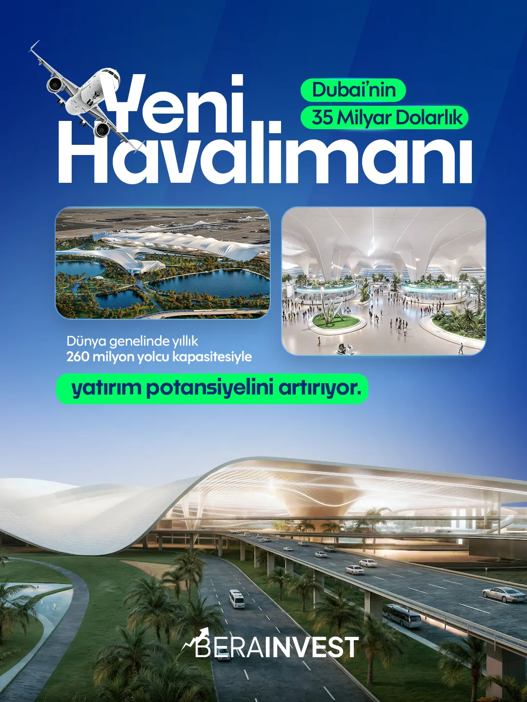 Kalkan uçak ve "Yeni Havalimanı" başlığı; iki yuvarlatılmış görselde havalimanı projesi, altta dalgalı çatılı terminal ve yeşil "yatırım potansiyelini artırıyor" vurgusu.
