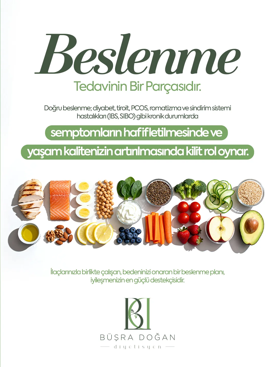 Beyaz zeminde yeşil, eğik serif "Beslenme" başlığı; altında yan yana dizilmiş somon, yumurta, sebze, meyve ve tahıl porsiyonları.