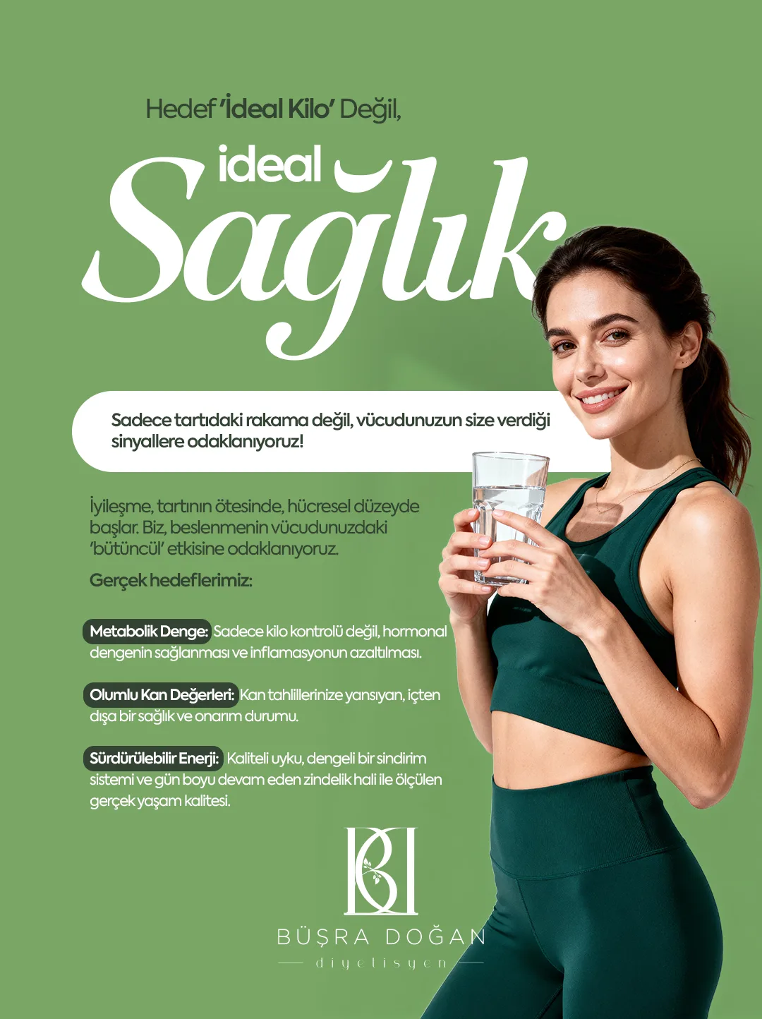 Elinde su bardağıyla gülümseyen kadın; yeşil zeminde el yazısı "ideal Sağlık" başlığı ve üç maddelik "gerçek hedeflerimiz" listesi.