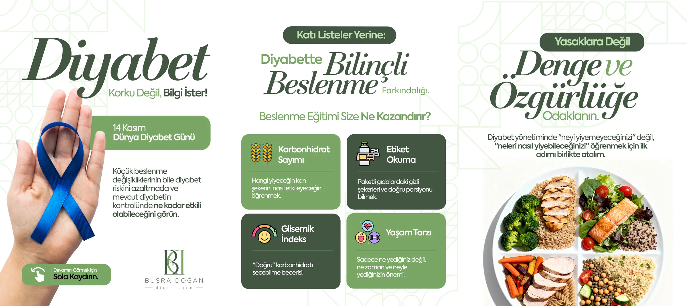 Üç kare boyunca kesintisiz akan karusel: mavi kurdele tutan el ve "Diyabet — Korku Değil, Bilgi İster!" başlığı; karbonhidrat sayımı, etiket okuma, glisemik indeks ve yaşam tarzı kartları; son karede dengeli bir tabak ve "Denge ve Özgürlüğe Odaklanın".