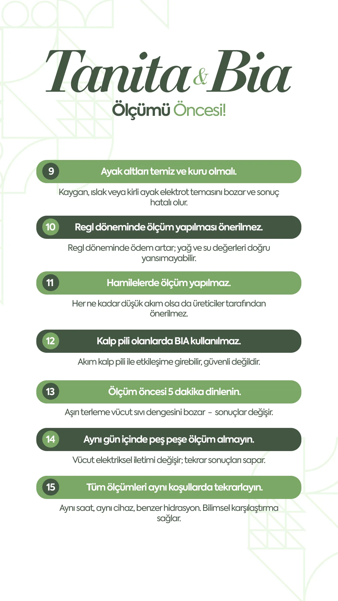 Dikey story: aynı düzende 9–15 arası kurallar; her birinin altında kısa açıklama.