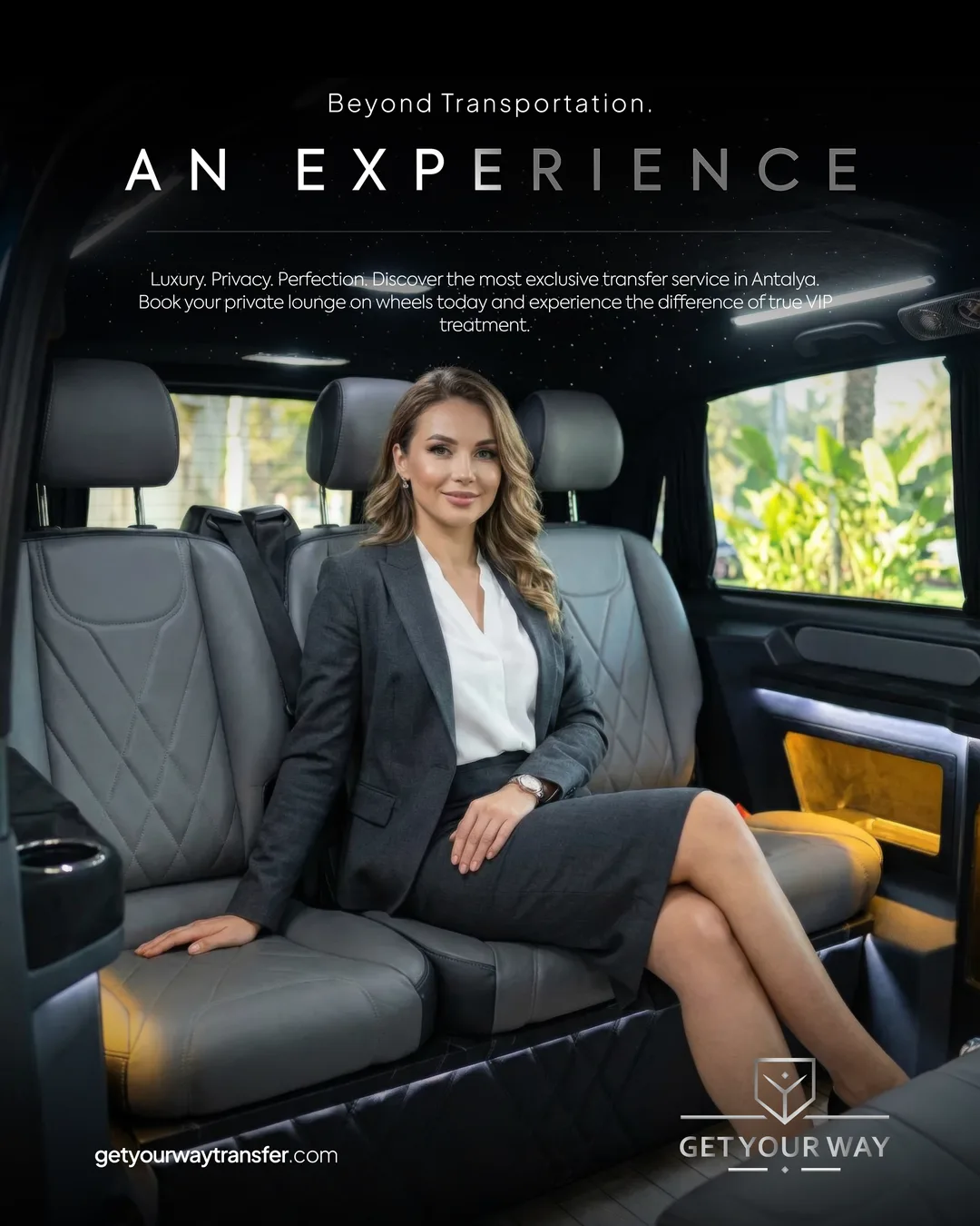 Krem deri koltuklu VIP minibüs kabininde oturan iş kadını; seyrek harf aralıklı "AN EXPERIENCE" başlığı.