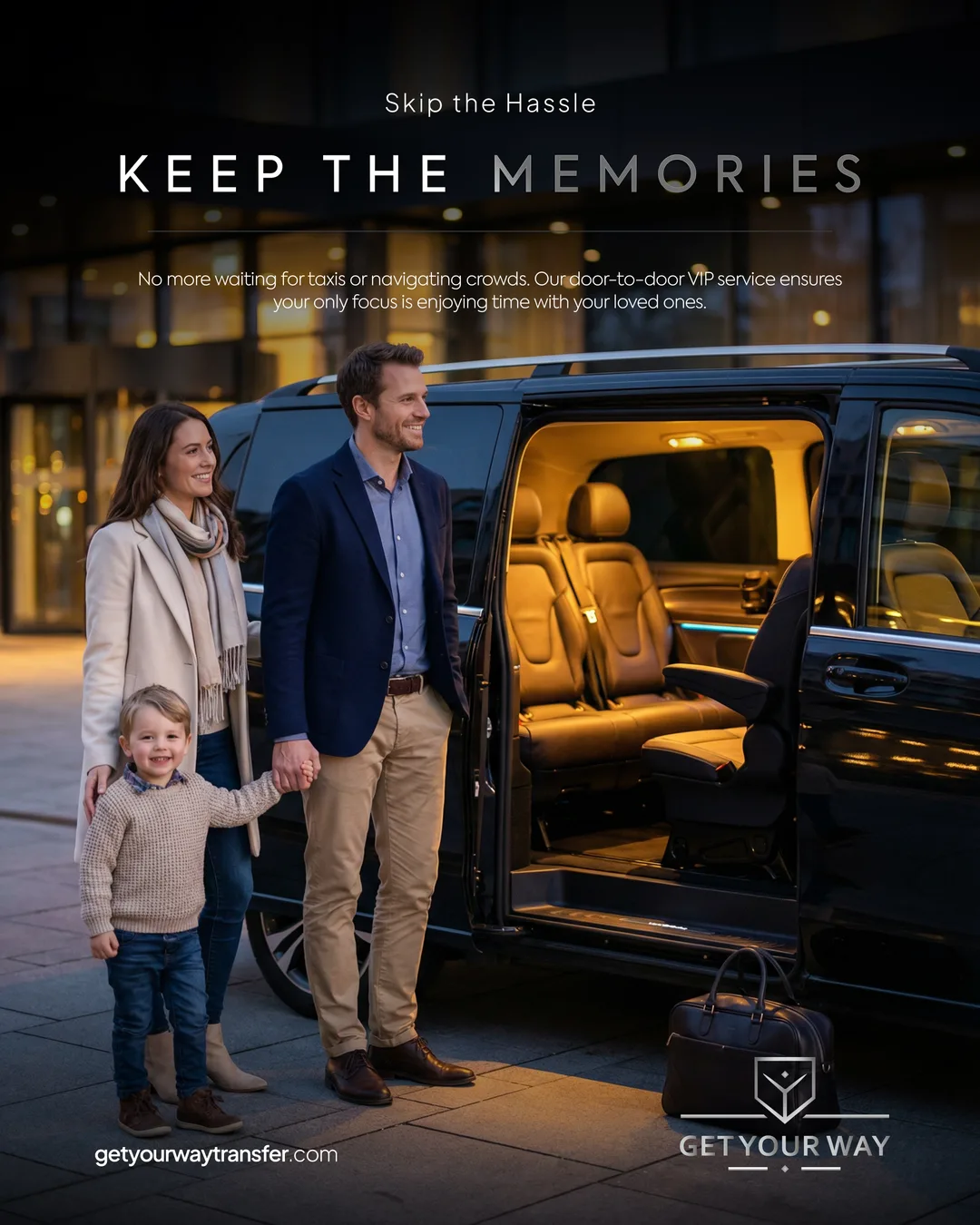 Akşam ışığında açık kapılı VIP aracın önünde küçük oğullarıyla duran çift; "KEEP THE MEMORIES" başlığı.