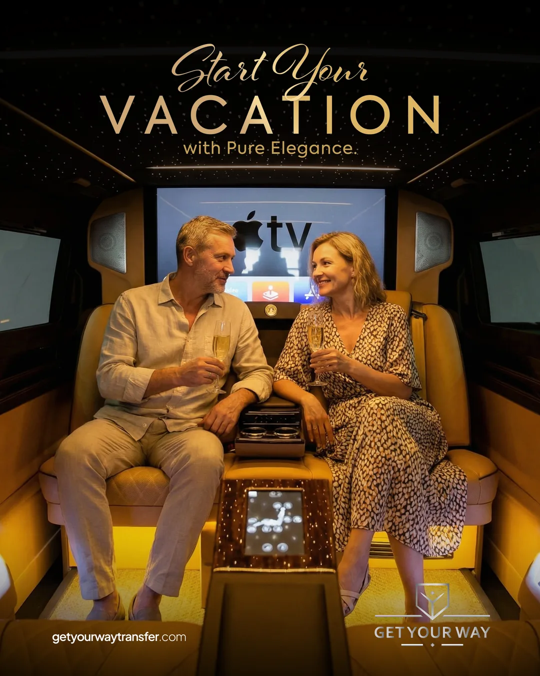 Altın ışıklı kabinde ekran karşısında kadeh tutan orta yaşlı çift; "Start Your VACATION with Pure Elegance" başlığı.